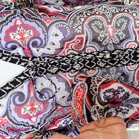 INC Sheer Lace Up Purple Paisley V Neck Top Large - Picture 2 of 5